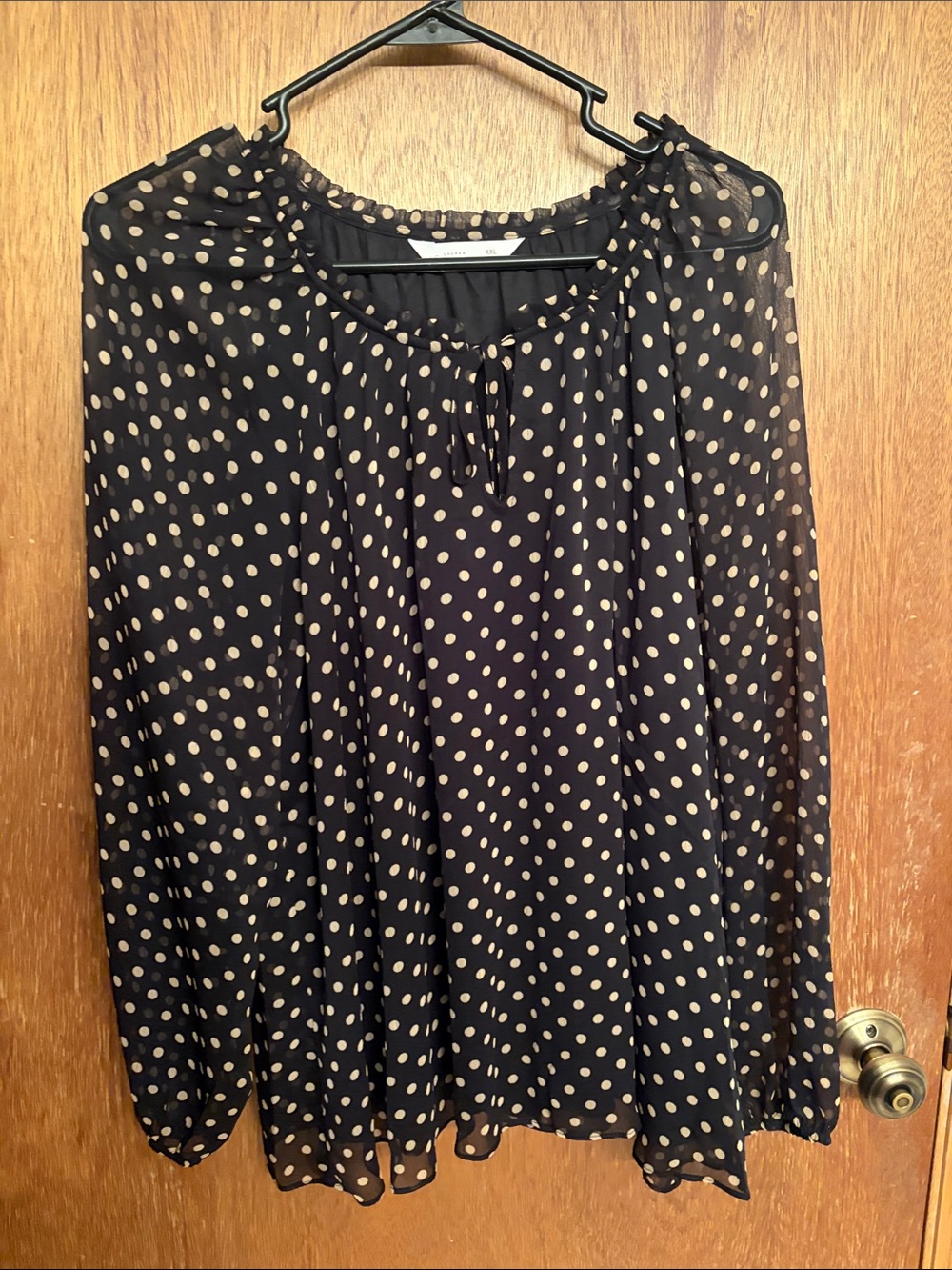 LC Lauren Conrad Black Blouse with Tan Polka Dots